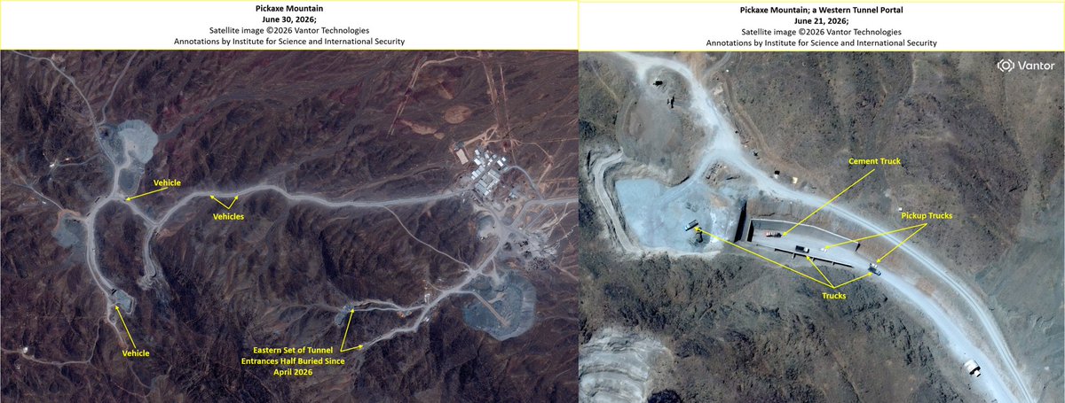 The Institute for Science and International Security TheGoodISIS publishes a status update on the main nuclear sites in Iran: Natanz - almost no visible activity. Access to the underground enrichment halls has not yet been restored, and the AGMs in the complex are still destroyed. The main and backup electrical systems are still down, and the HVAC units are still scattered throughout the complex. Pickaxe Mountain - Vehicle traffic was observed on the roads leading to the western tunnel entrances, which apparently indicates continued work inside the facility and strengthening of the tunnel entrances. On the other hand, the tunnel entrances in the eastern complex were partially blocked with dirt and are inaccessible to vehicles. Fordow - Dirt and rock obstacles along the access roads to the tunnels were placed two months ago, creating a winding path that slows down vehicle traffic towards the tunnels. The tunnel entrances themselves are still blocked with dirt. Isfahan (ENTC) - As of June 29, 2026, no new activity was observed, and the tunnel entrances are still blocked