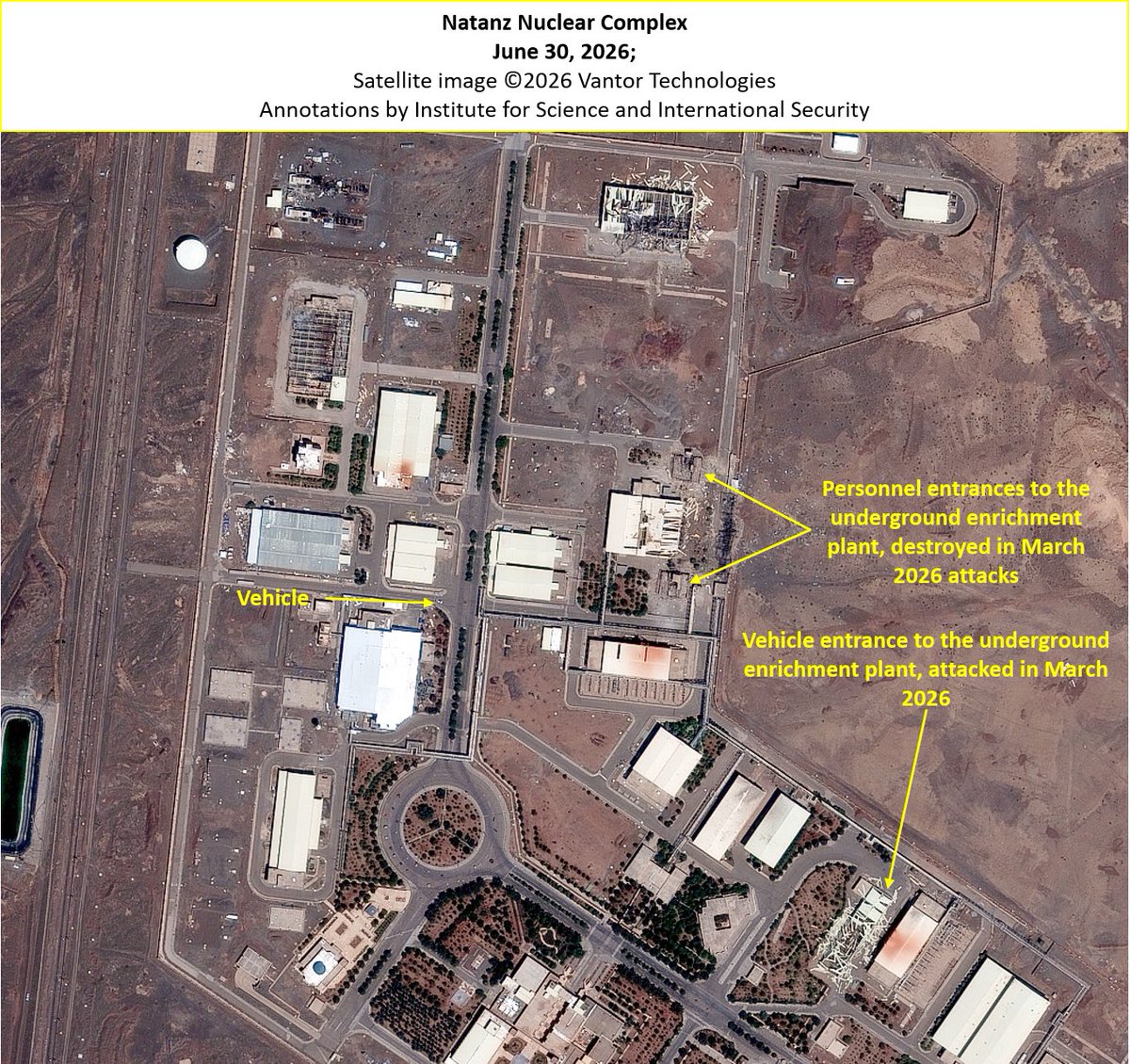 The Institute for Science and International Security TheGoodISIS publishes a status update on the main nuclear sites in Iran: Natanz - almost no visible activity. Access to the underground enrichment halls has not yet been restored, and the AGMs in the complex are still destroyed. The main and backup electrical systems are still down, and the HVAC units are still scattered throughout the complex. Pickaxe Mountain - Vehicle traffic was observed on the roads leading to the western tunnel entrances, which apparently indicates continued work inside the facility and strengthening of the tunnel entrances. On the other hand, the tunnel entrances in the eastern complex were partially blocked with dirt and are inaccessible to vehicles. Fordow - Dirt and rock obstacles along the access roads to the tunnels were placed two months ago, creating a winding path that slows down vehicle traffic towards the tunnels. The tunnel entrances themselves are still blocked with dirt. Isfahan (ENTC) - As of June 29, 2026, no new activity was observed, and the tunnel entrances are still blocked