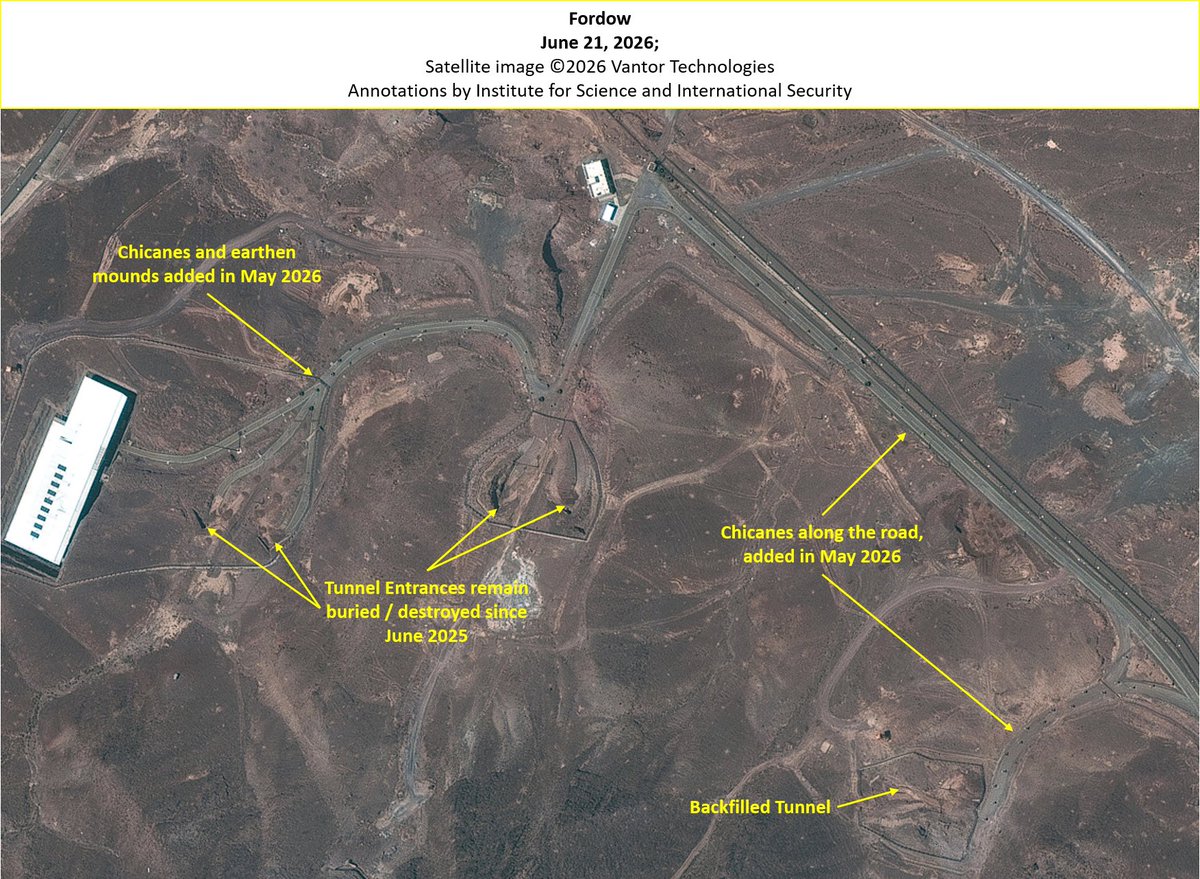 The Institute for Science and International Security TheGoodISIS publishes a status update on the main nuclear sites in Iran: Natanz - almost no visible activity. Access to the underground enrichment halls has not yet been restored, and the AGMs in the complex are still destroyed. The main and backup electrical systems are still down, and the HVAC units are still scattered throughout the complex. Pickaxe Mountain - Vehicle traffic was observed on the roads leading to the western tunnel entrances, which apparently indicates continued work inside the facility and strengthening of the tunnel entrances. On the other hand, the tunnel entrances in the eastern complex were partially blocked with dirt and are inaccessible to vehicles. Fordow - Dirt and rock obstacles along the access roads to the tunnels were placed two months ago, creating a winding path that slows down vehicle traffic towards the tunnels. The tunnel entrances themselves are still blocked with dirt. Isfahan (ENTC) - As of June 29, 2026, no new activity was observed, and the tunnel entrances are still blocked