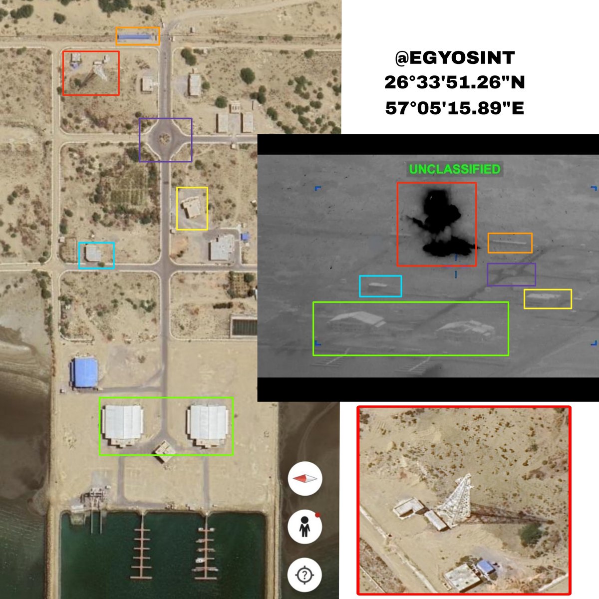 The U.S. military appears to have struck the same communications tower at Iran's IRGC Navy base in Sirik for the third time in a month. NASA fire map confirms fires at the tower location (26.5648, 57.08778) and at a hangar inside the base (26.56293, 57.08335)