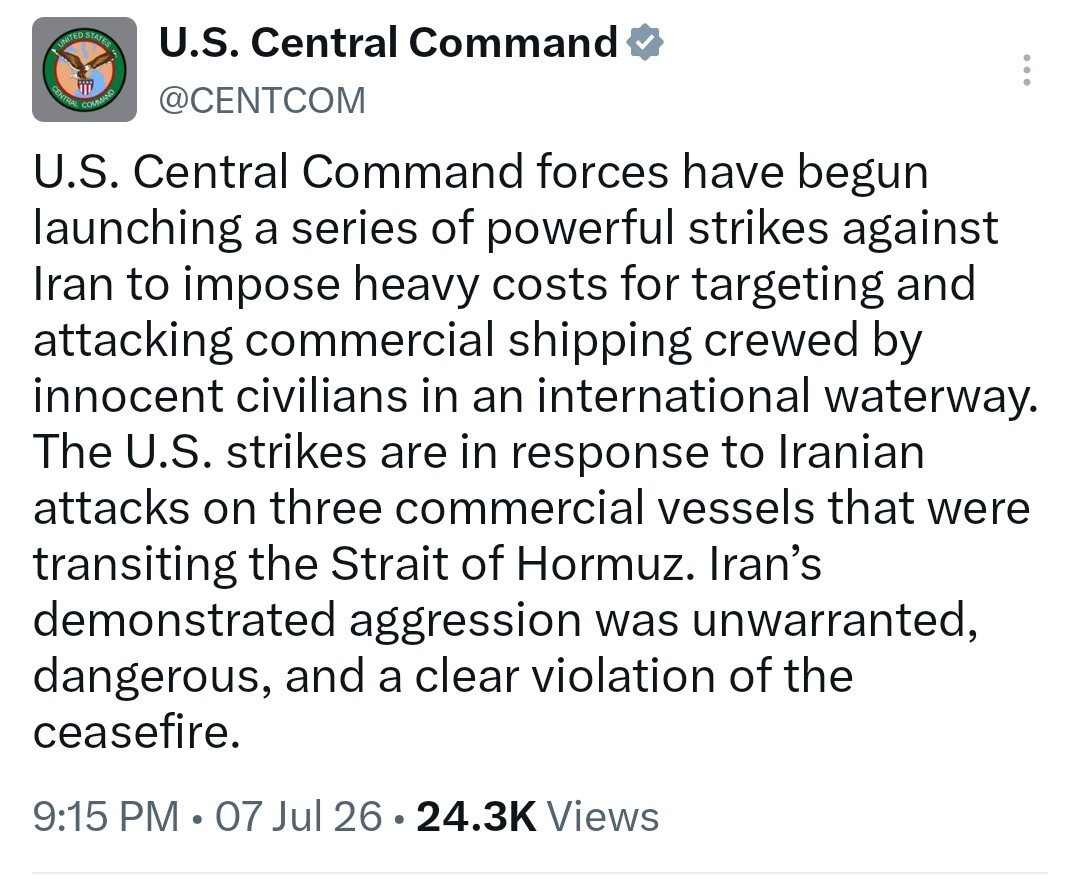 U.S. Central Command forces are now conducting strikes against Iran in response to Iranian attacks on three commercial vessels transiting the Strait of Hormuz. Multiple explosions have been reported on Qeshm Island and in Bandar Abbas, located in Iran's Hormozgan Province