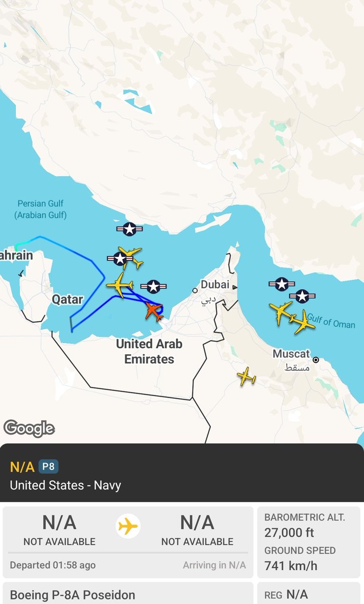 Same as yesterday, P-8 takes off from Bahrain, E-11A & two KC-135Rs (& likely E-3G AWACS not visible) from Prince Sultan, Saudi Arabia. As Trump announced earlier, there will be airstrikes in few hours