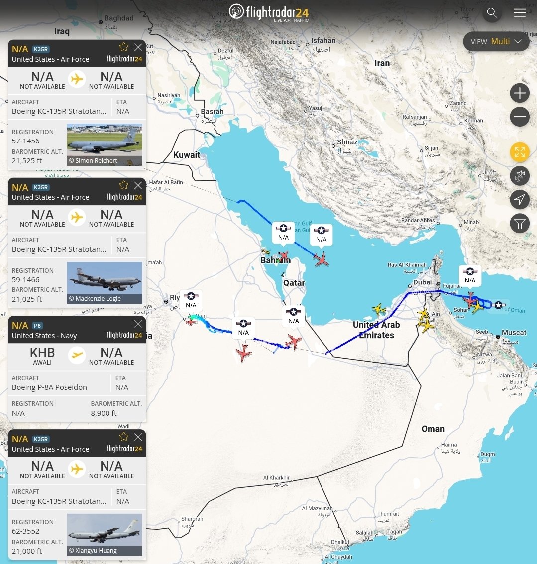 Same as yesterday, P-8 takes off from Bahrain, E-11A & two KC-135Rs (& likely E-3G AWACS not visible) from Prince Sultan, Saudi Arabia. As Trump announced earlier, there will be airstrikes in few hours