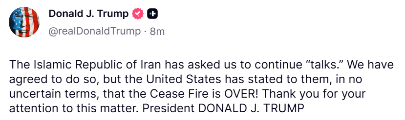 Trump affirme que, malgré la poursuite des pourparlers avec l'Iran, le cessez-le-feu est  TERMINÉ .