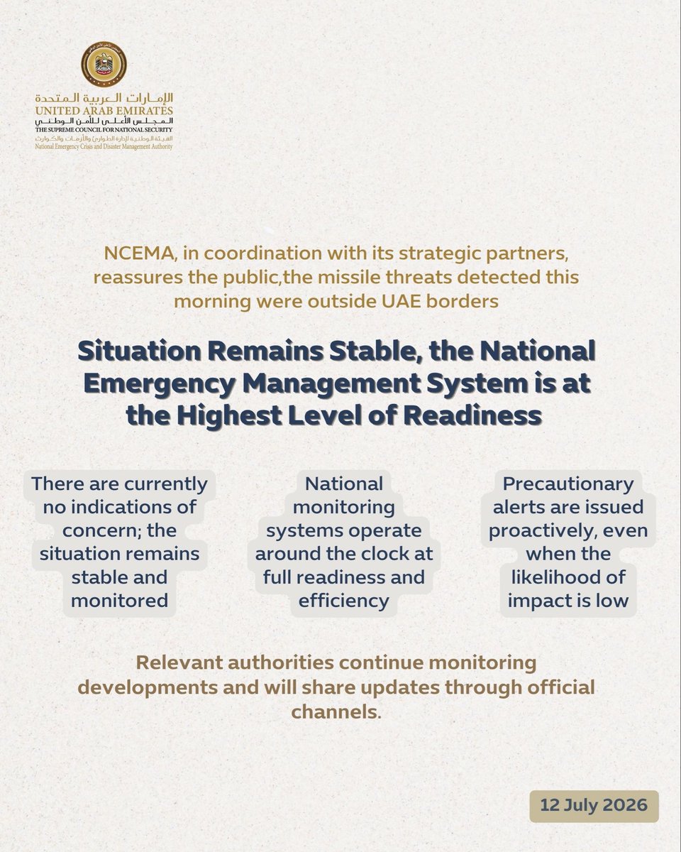 NCEMA confirms missile threats detected this morning were outside UAE borders. Situation remains stable. National monitoring systems are at the highest level of readiness