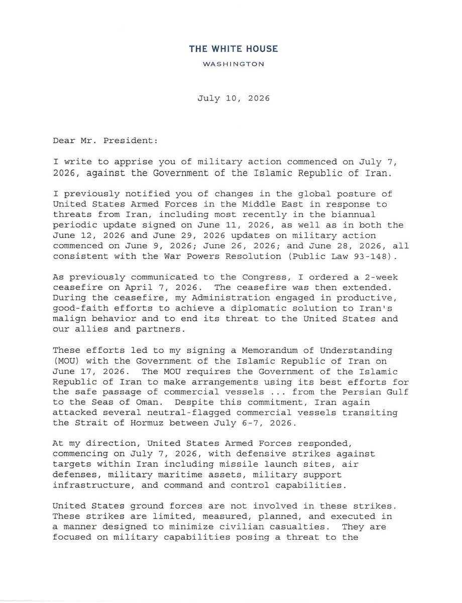 Trump formally notified Congress of the resumption of military activities against Iran on July 10 under the war powers resolution. Dems say the war is illegal and the president cannot restart the 60-day clock for military action