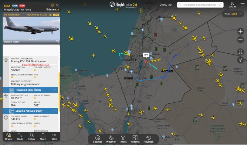US Air Force Boeing KC-135R Stratotanker declared Code 7700 (emergency) over the Dead Sea