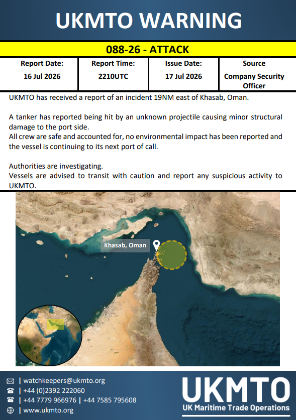 The United Kingdom Maritime Trade Operations Center (UKMTO) has issued a warning after receiving a report of an attack on a commercial tanker approximately 19NM east of Khasab, Oman, near the Strait of Hormuz. According to the report, the vessel was struck on its port (left) side by an unknown projectile, causing minor structural damage