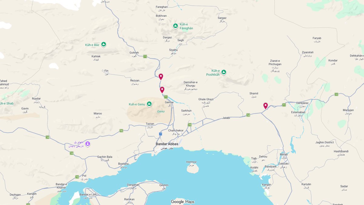 The locations of two bridges and one tunnel in the eastern and northern axes of Bandar Abbas, which, according to reports, have been targeted in tonight's attacks up to this moment. Rudan Bridge: 27.411386, 56.946944 Shur River Bridge: 27.506887, 56.258078 Shahid Mirzaei Tunnel: 27.582957, 56.249885