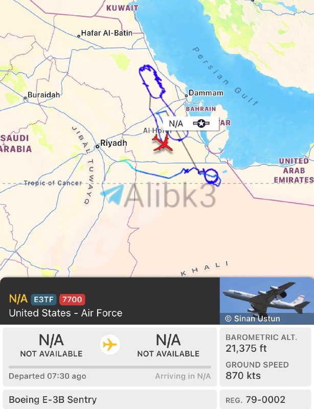 A U.S. E-G3 airborne early warning and control aircraft issues a 7700 signal, declaring an emergency after spending hours operating over eastern Saudi Arabia.