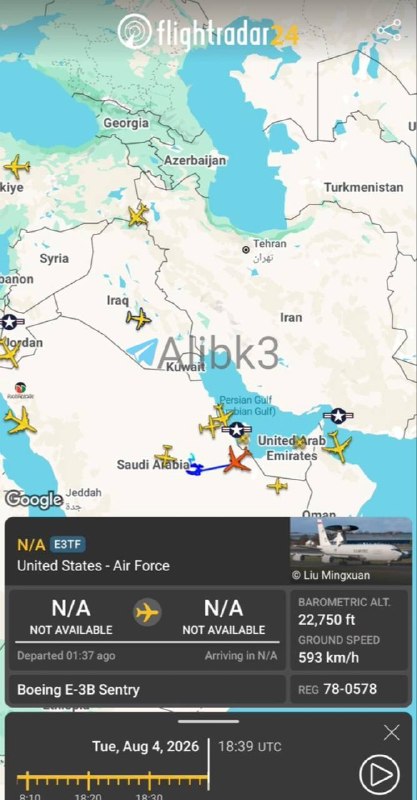 An E-3G airborne early warning and control aircraft takes off, coinciding with the takeoff of refueling aircraft from US military bases in Saudi Arabia and Israel.