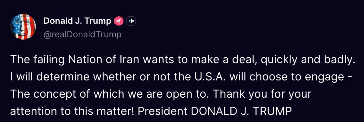 POTUS: The failing Nation of Iran wants to make a deal, quickly and badly. I will determine whether or not the U.S.A. will choose to engage - The concept of which we are open to