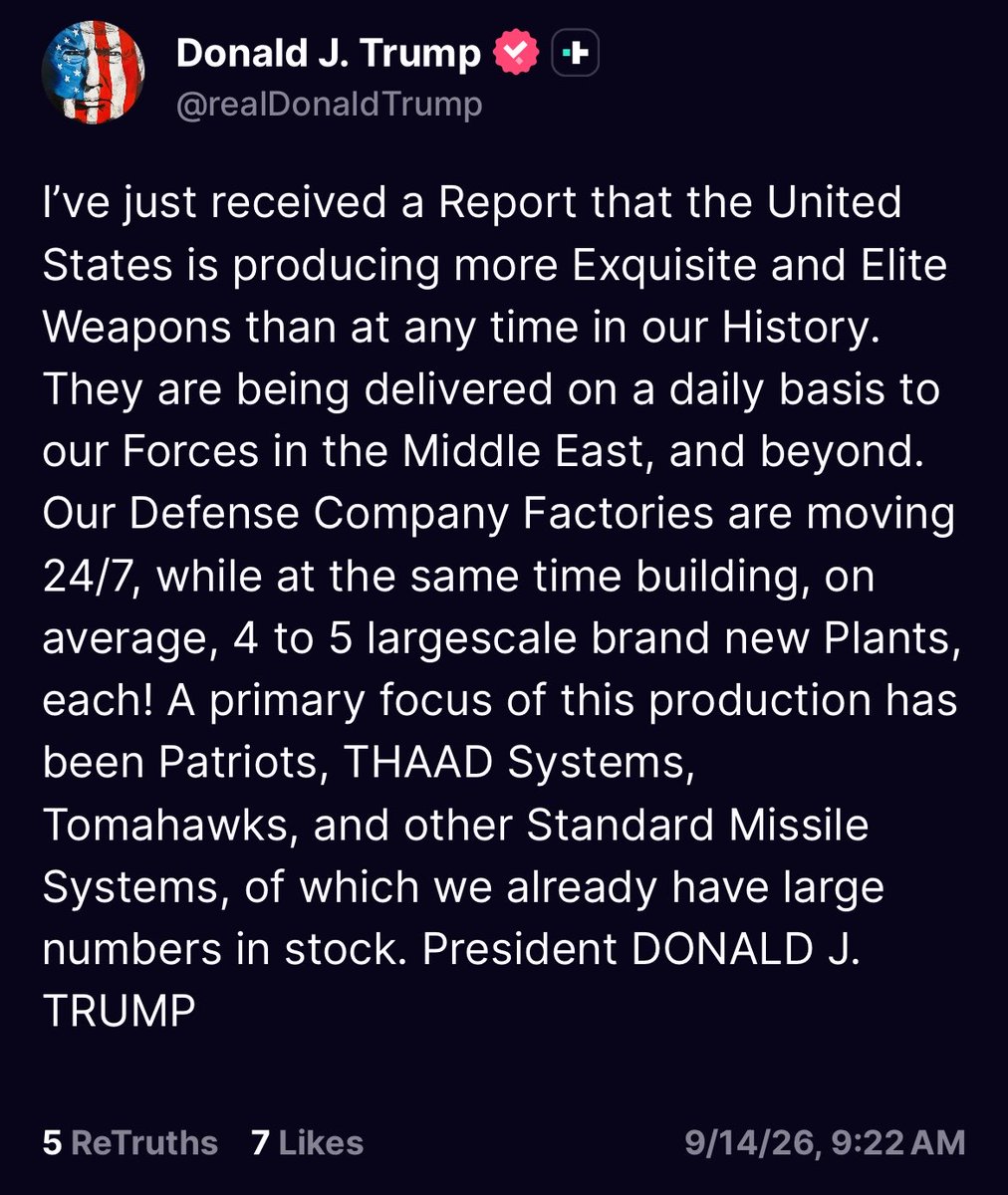Trump says the U.S. is producing more advanced weapons than at any point in its history, with daily deliveries to American forces in the Middle East and beyond, focused on Patriots, THAAD, Tomahawks and other standard missile systems