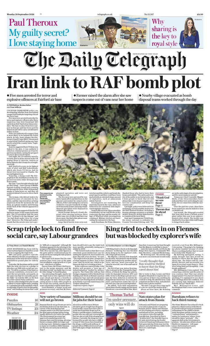 The front page of tomorrow's Daily Telegraph: 'Iran link to RAF bomb plot'