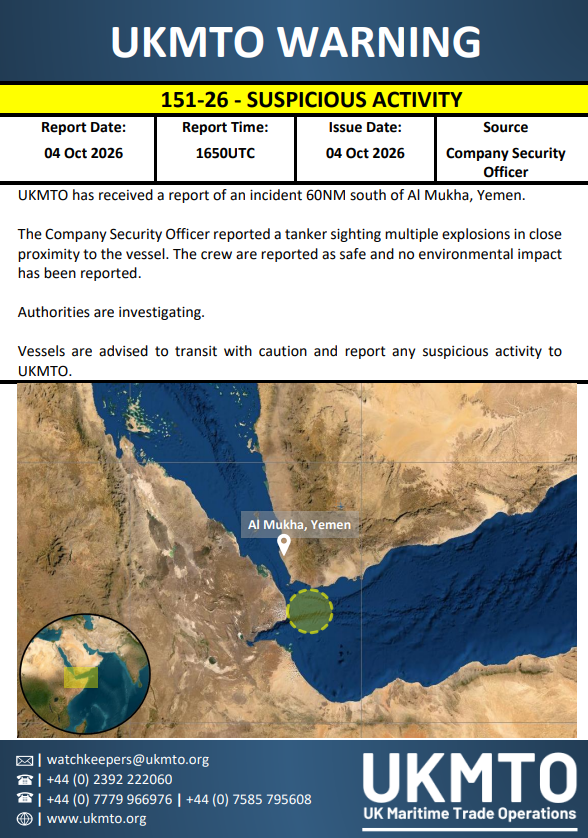 UKMTO said a tanker reported multiple explosions close to the vessel about 60 nautical miles south of Al Mukha, Yemen. The crew is safe, with no environmental impact reported