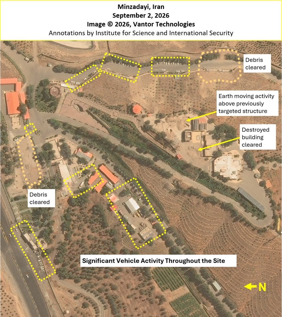 New satellite imagery shows Iran rapidly working to rebuild the Minzadehei nuclear weapons development compound, located on the northeastern outskirts of Tehran, which was previously struck by Israel. Images from September and October 2026, analyzed by the Institute for Science and International Security (ISIS), show significant renewed vehicle activity, debris cleanup, and earth-moving operations at the site following the earlier damage