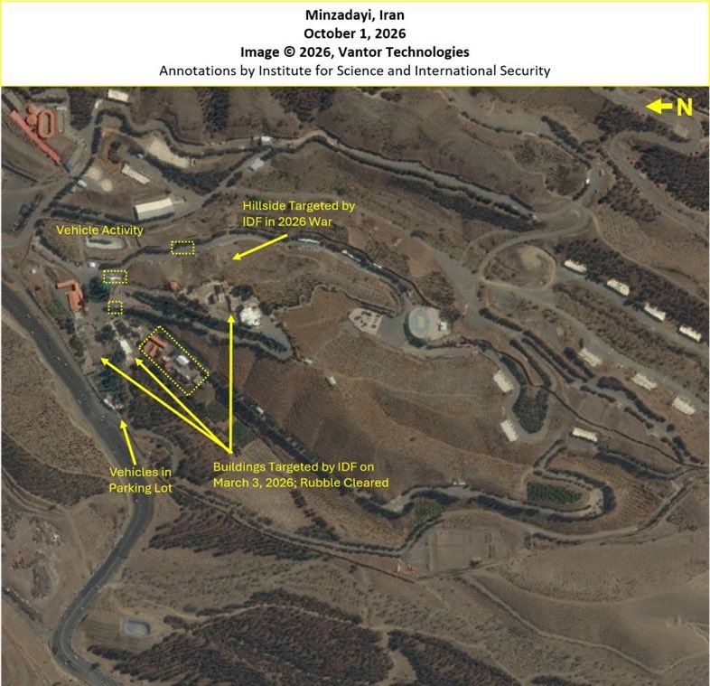 New satellite imagery shows Iran rapidly working to rebuild the Minzadehei nuclear weapons development compound, located on the northeastern outskirts of Tehran, which was previously struck by Israel. Images from September and October 2026, analyzed by the Institute for Science and International Security (ISIS), show significant renewed vehicle activity, debris cleanup, and earth-moving operations at the site following the earlier damage