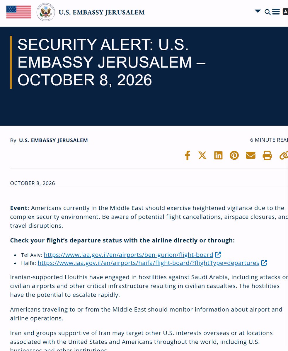 The U.S. Embassy in Jerusalem has issued a security alert urging Americans across the Middle East to exercise heightened vigilance, warning of possible flight disruptions and rapidly escalating Saudi-Houthi hostilities