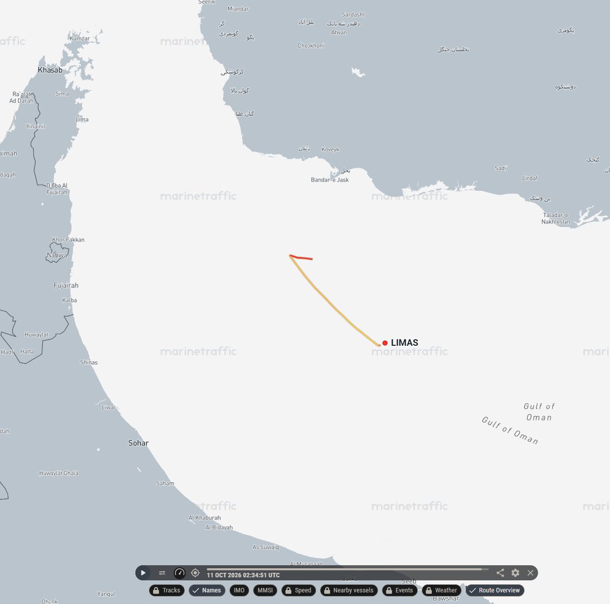 CENTCOM has likely hit OFAC Sanctioned (since Feb 2024) tanker LIMAS. It is the only tanker stopped in the circle identified by the UKMTO. OCEAN MOLICA hit earlier today by CENTCOM, is a bulk carrier in the Indian Ocean