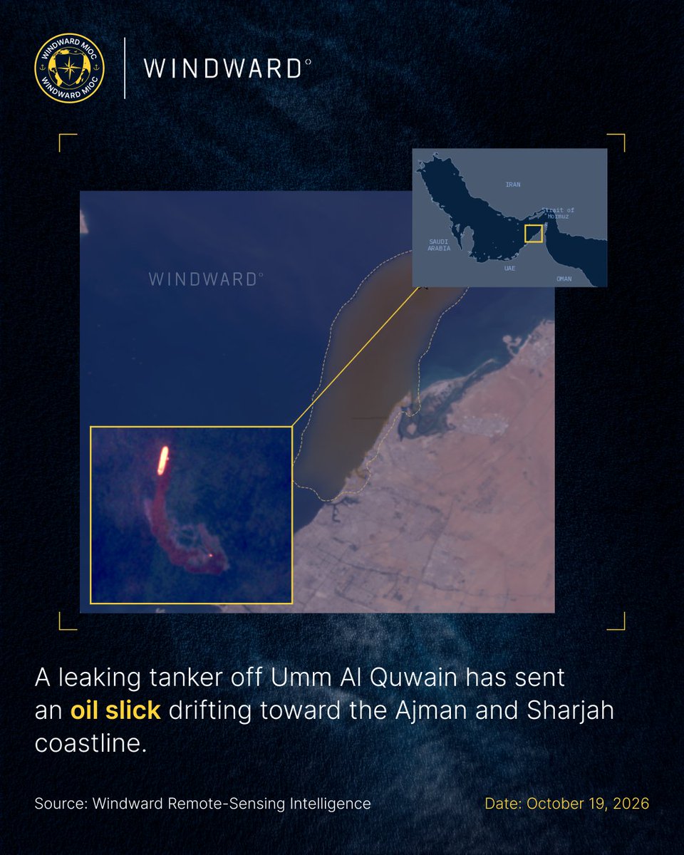 VLCC-sized tanker leaking oil 25 km off Umm Al Quwain. Currents are carrying it southwest towards the coast, and Windward's drift model indicates it will reach Sharjah and Ajman's desalination intakes and ports by 22–23 October if the leak is not stopped