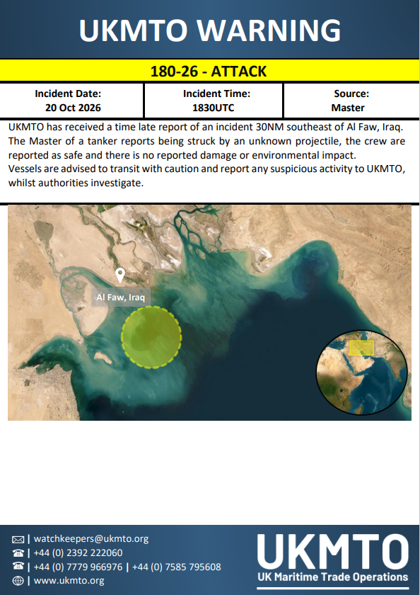 The United Kingdom Maritime Trade Operations (UKMTO) Center has issued a report on an attack on a tanker approximately 30 nautical miles southeast of Al Faw, Iraq, in the northern part of the Persian Gulf. According to the vessel's master, the tanker was struck by an unidentified projectile at approximately 1830 UTC yesterday. The crew is reported to be safe, and no damage or environmental impact has been reported. A similar incident occurred on September 9th in the same area. Earlier this week, UKMTO acknowledged difficulties in reporting the true number of attacks, as most targeted vessels are refusing to provide information, likely in accordance with U.S. guidance. Attacks attributed to Iran, which have increased in frequency and range in recent weeks, have now targeted tankers north of Qatar and off Saudi Arabia's Al Jubayl